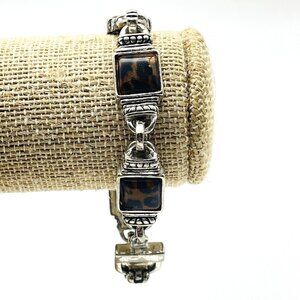 Silver Tone Leopard Print Link Bracelet Vintage Style